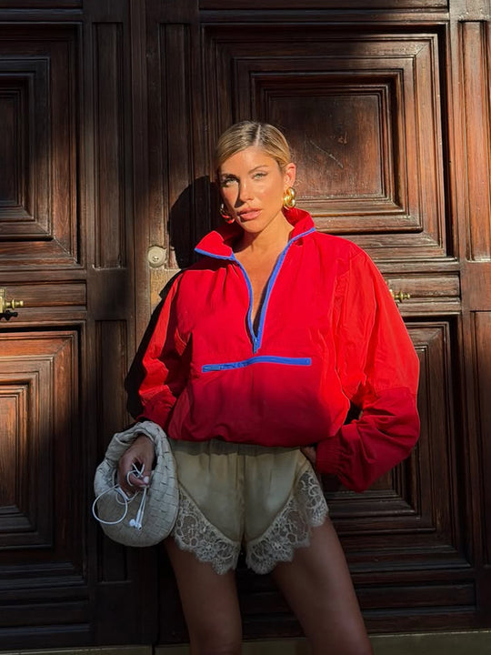Damen Kurz geschnittene zweifarbige Halbzip-Utility-Jacke mit elastischem Saum und Reißverschlusstasche Shop Nory