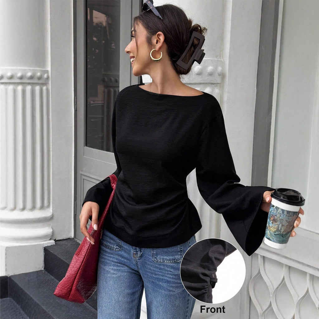 Damen elegantes Oberteil mit weitem Ärmel und schickem Bund