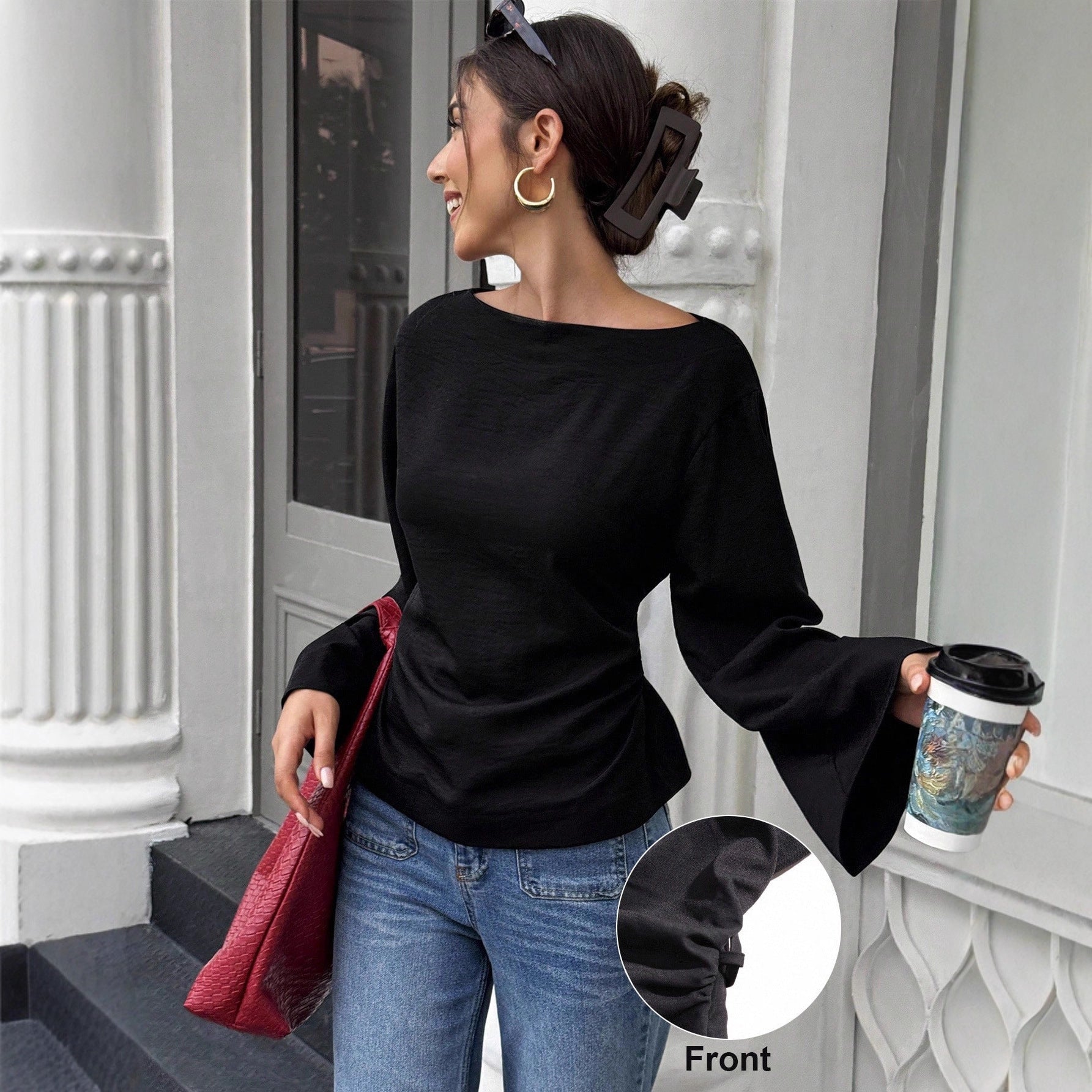 Damen elegantes Oberteil mit weitem Ärmel und schickem Bund