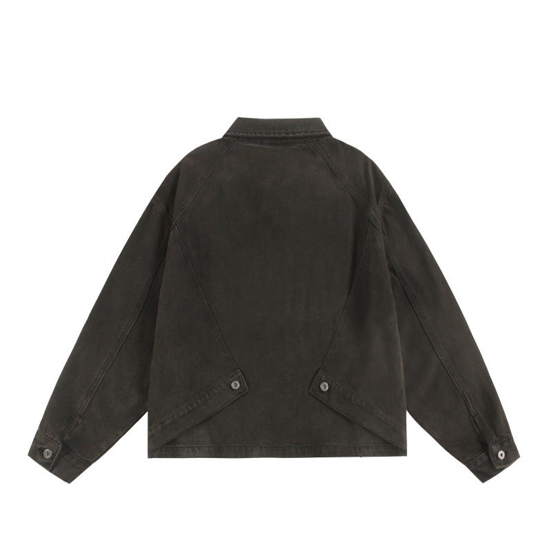 Unisex Boxy-Worker-Blouson aus gewaschenem Canvas mit durchgehendem Reißverschluss, Hemdkragen und asymmetrischen Eingrifftaschen Shop Nory