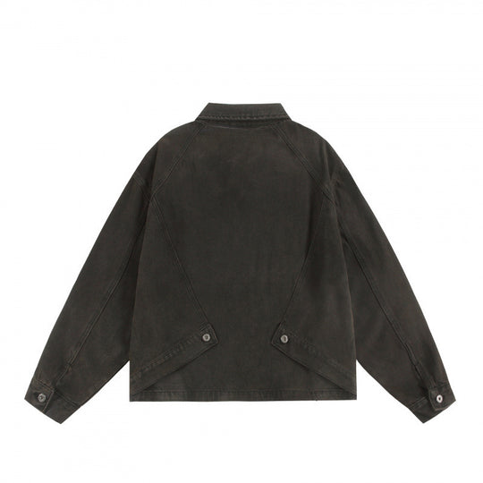 Unisex Boxy-Worker-Blouson aus gewaschenem Canvas mit durchgehendem Reißverschluss, Hemdkragen und asymmetrischen Eingrifftaschen Shop Nory