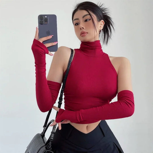 Damen Langarm Crop-Top mit Stehkragen und figurbetontem Schnitt