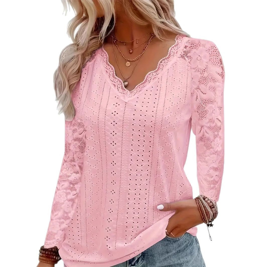 Damen Langarmbluse aus Lochstickerei mit Spitzen‑V‑Ausschnitt und floralem Netzärmel Shop Nory
