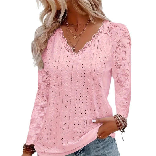 Damen Langarmbluse aus Lochstickerei mit Spitzen‑V‑Ausschnitt und floralem Netzärmel Shop Nory