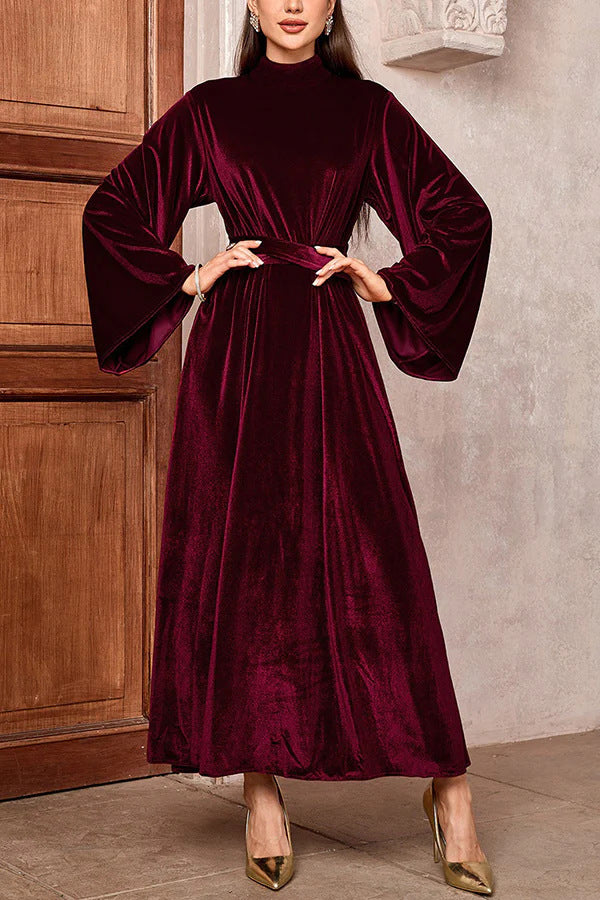 Damen Maxikleid aus Samt mit Stehkragen, weitem Glockenärmel und Taillengürtel Shop Nory