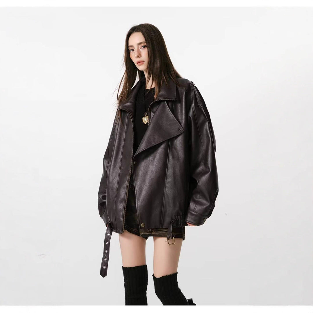 Damen Kunstlederjacke mit hohem Kragen und lässigem Schnitt