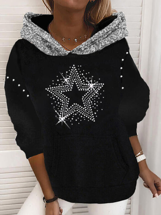 Damen Halloween Kapuzenpullover mit Kürbis- und Katzenprint, Paillettenbesatz und Oversize-Schnitt Shop Nory