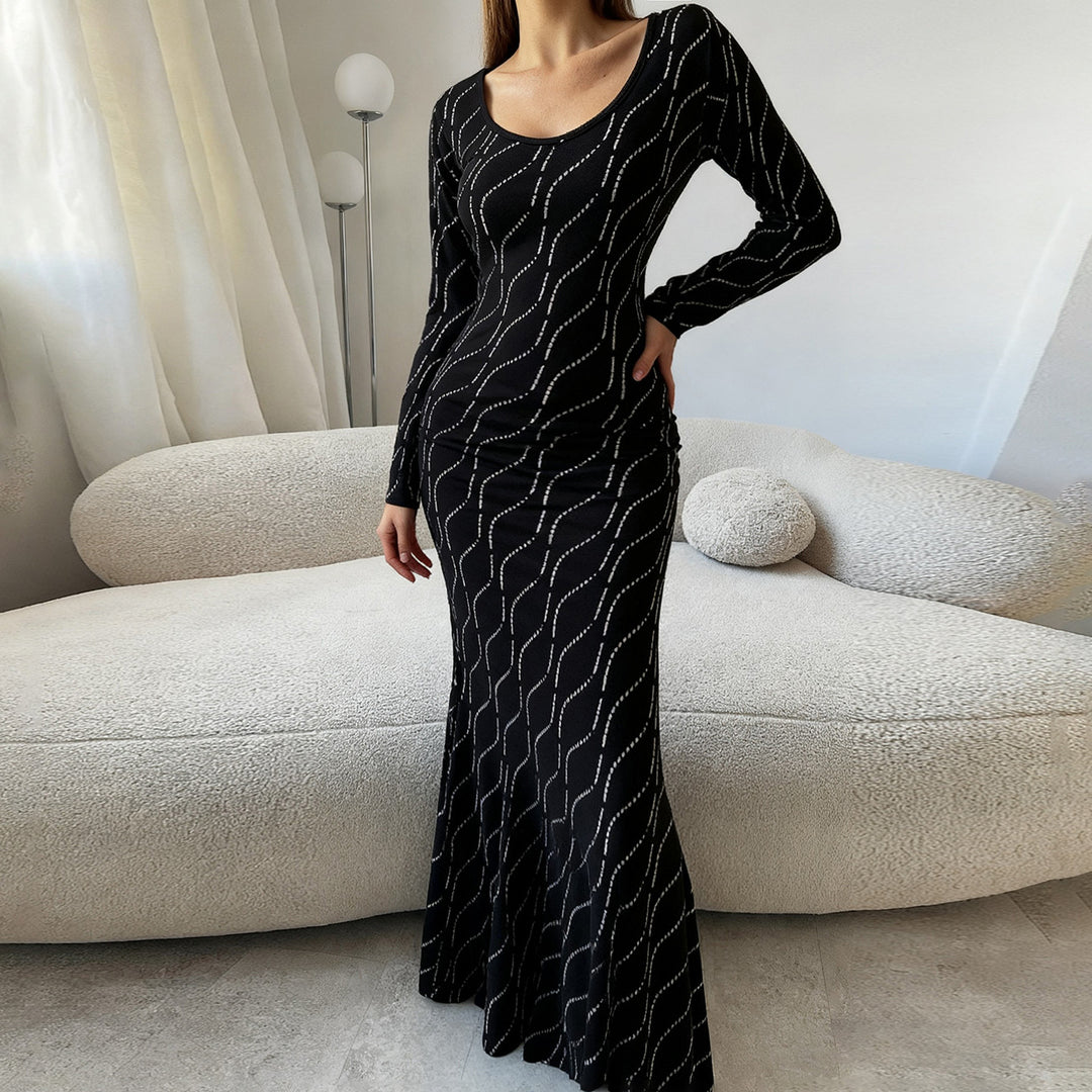Damen nan langärmeliges Bodycon-Mermaid-Abendkleid mit Wellen-Strassbesatz Shop Nory