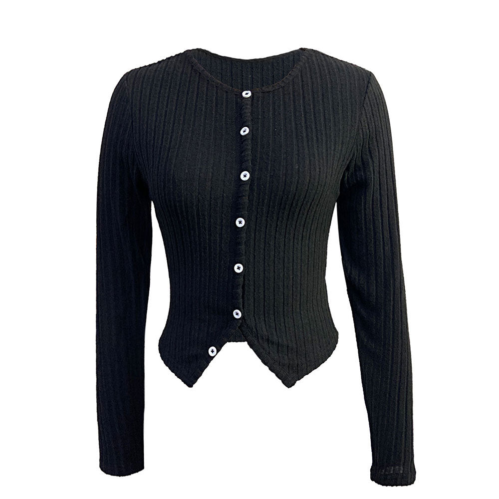 Damen gerippte Cropped-Strickjacke mit spitzem Saum und Knopfverschluss Shop Nory