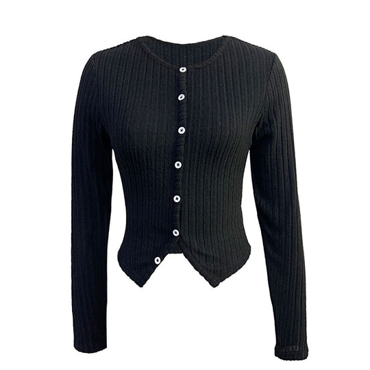 Damen gerippte Cropped-Strickjacke mit spitzem Saum und Knopfverschluss Shop Nory