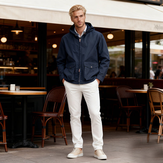 Herren Leichte Kapuzenjacke im urbanen Minimalstil mit Zwei-Wege-Reißverschluss und Pattentaschen Shop Nory