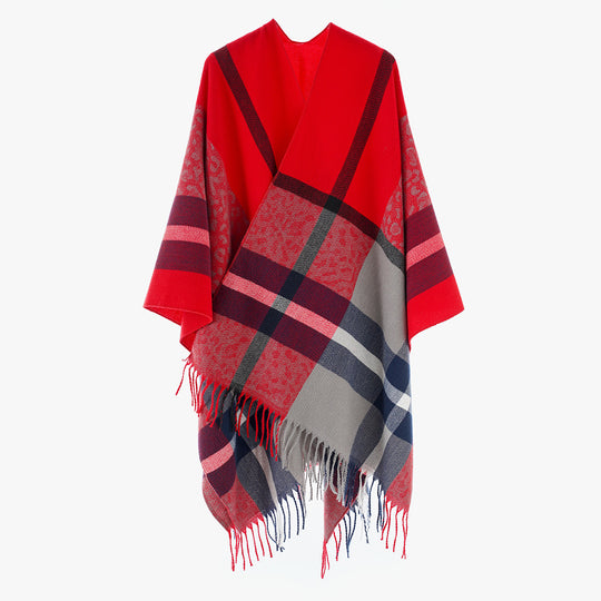 Damen Übergroßer Poncho mit Fransen und Karomuster Shop Nory