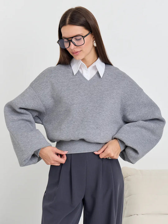 Damen Cropped V-Ausschnitt Pullover mit Ballonärmeln und Rippbund Shop Nory