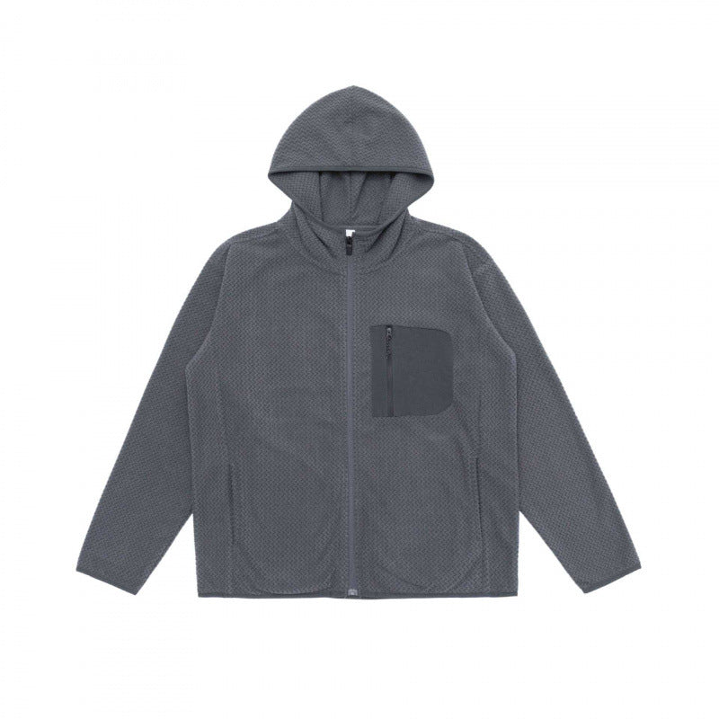 Unisex Kapuzen-Fleecejacke mit durchgehendem Reißverschluss, Strukturstrick und Brust-Reißverschlusstasche Shop Nory