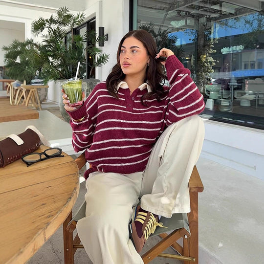 Damen Oversize Strickpullover mit Polokragen & Streifenmuster Shop Nory