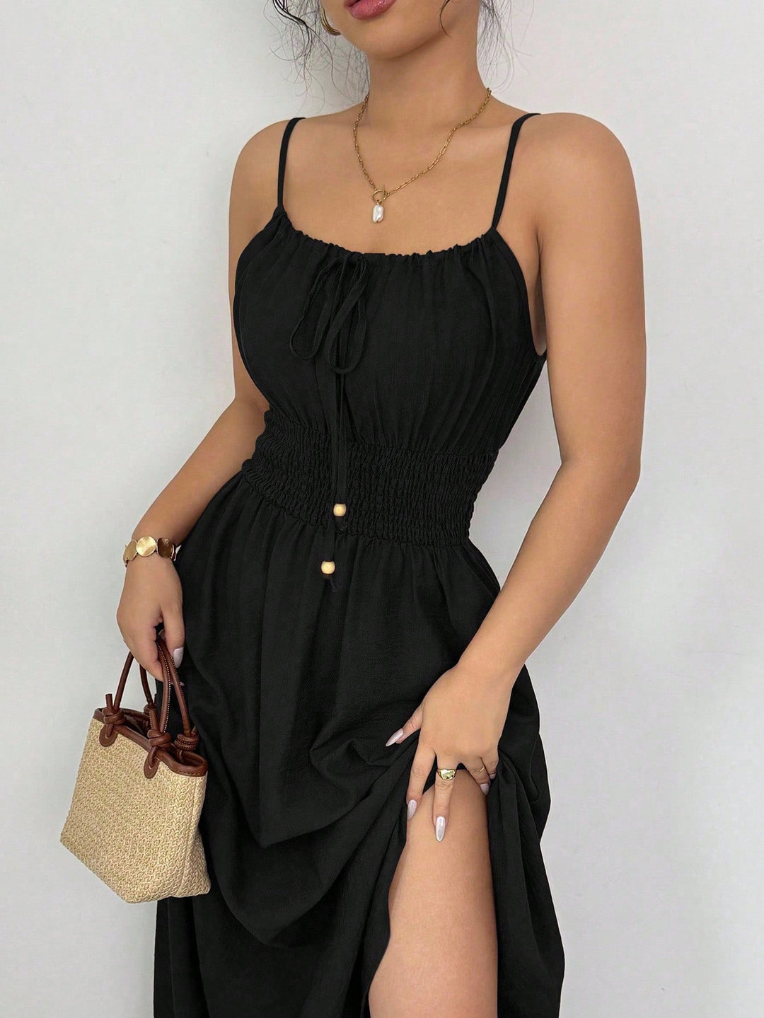Damen Midikleid mit Smokbund, Spaghettiträgern und Bindekordel Shop Nory