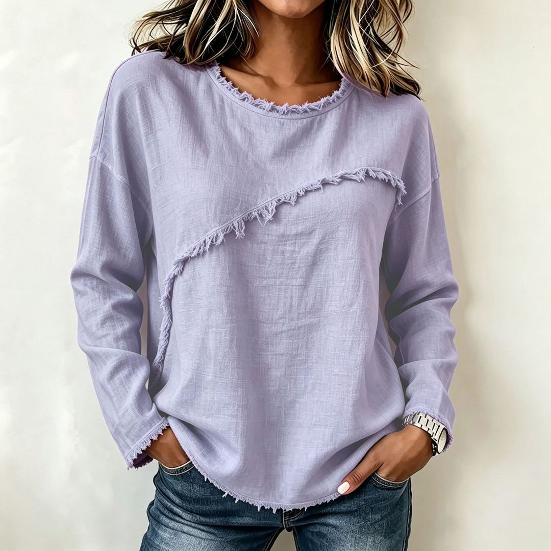 Damen Legeres Longsleeve mit diagonaler Fransenapplikation und ausgefranstem Rundhals Shop Nory