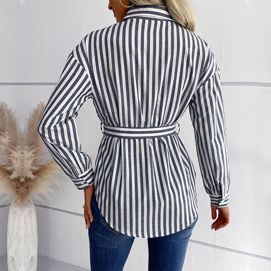 Damen Gestreifte Longbluse mit D‑Ring-Taillengürtel und Hemdkragen Shop Nory