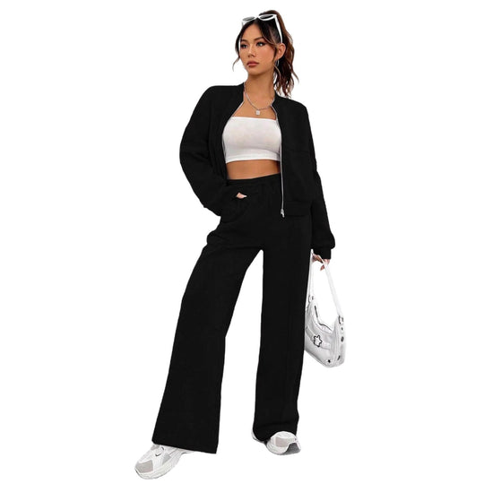 Damen Loungewear-Set mit kurzem Reißverschluss-Bomber und weiter High-Waist Jogginghose Shop Nory