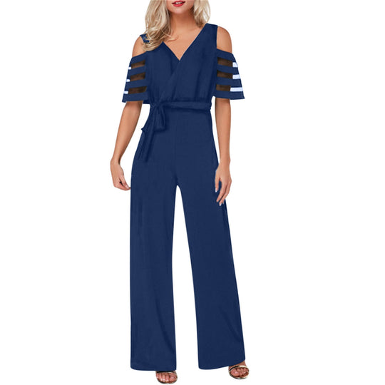 Damen Eleganter Jumpsuit mit transparenten Ärmel-Details und Taillengürtel