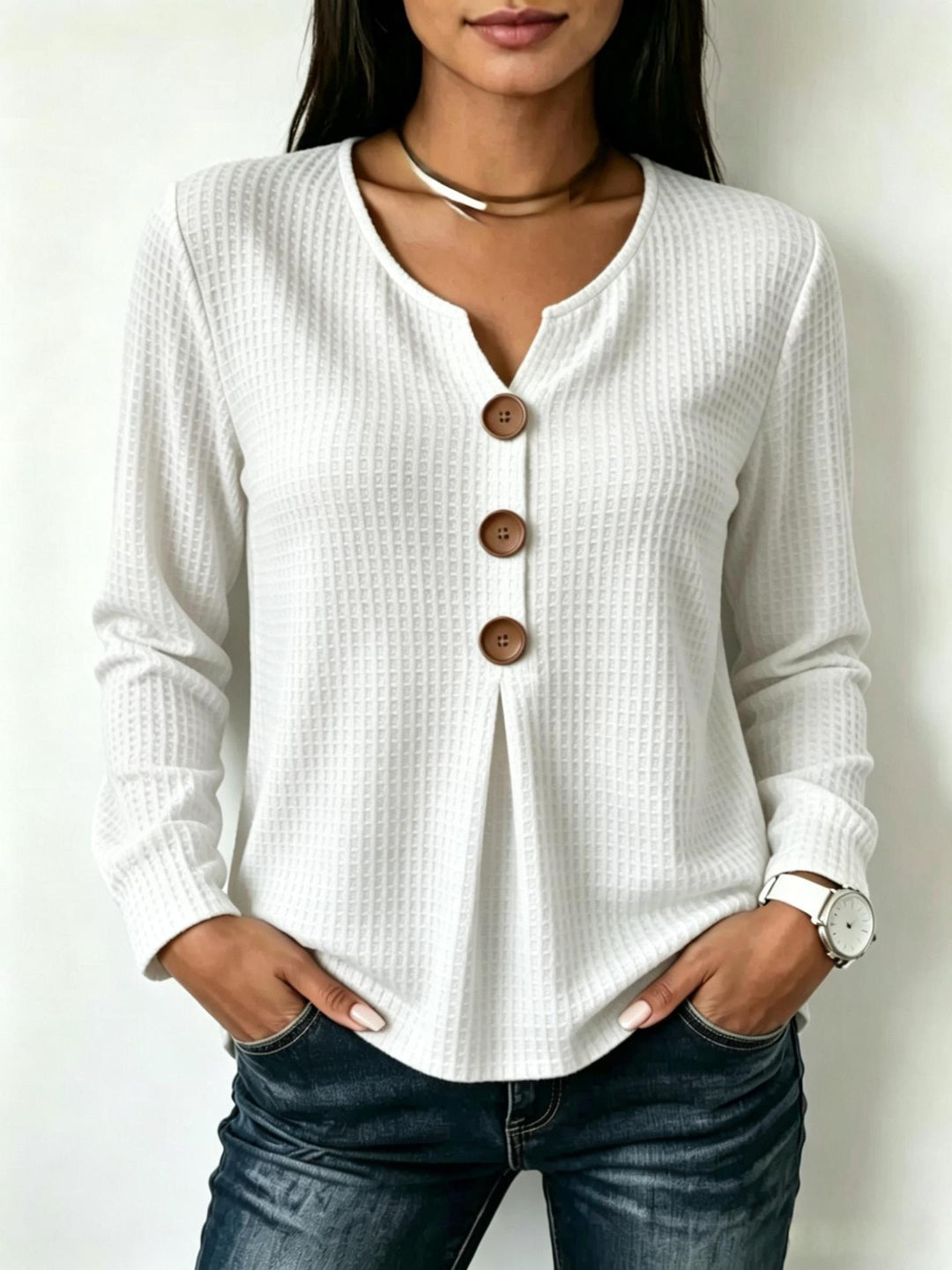 Damen Modisches Langarmshirt mit Knopfdetails Shop Nory