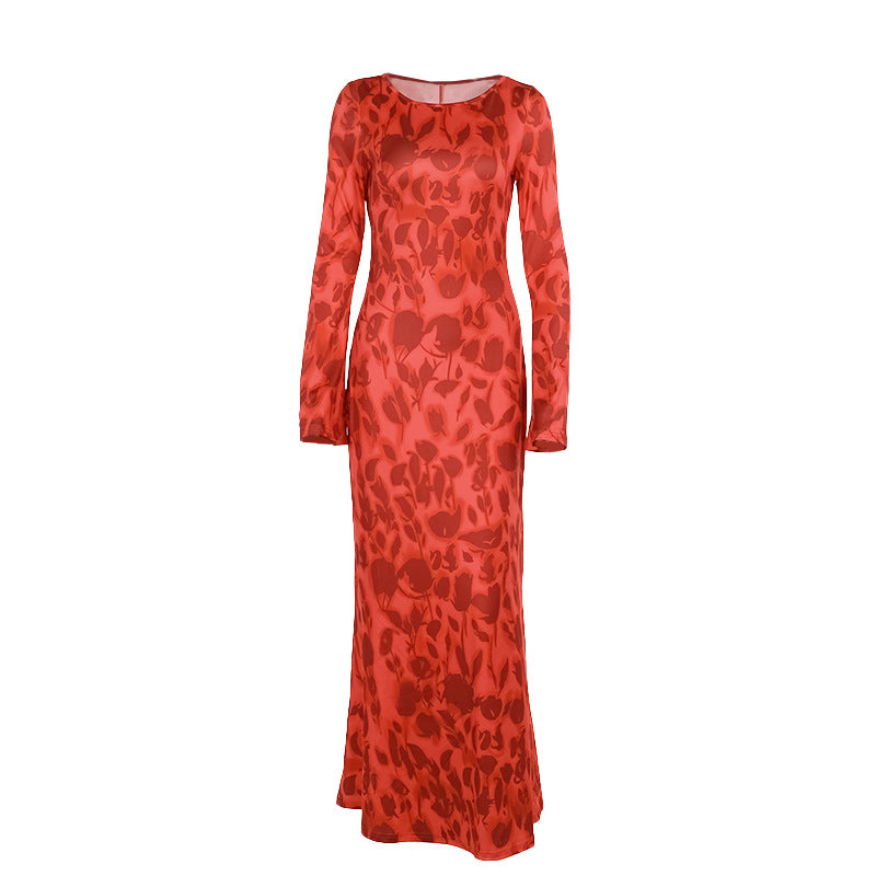 Damen elegantes langärmliges Maxikleid mit floralem Muster und transparentem Oberteil