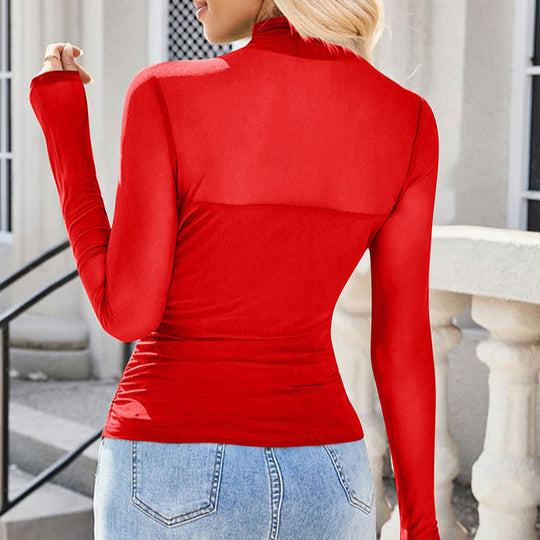 Damen Langarmshirt mit eleganter Raffung und transparentem Design