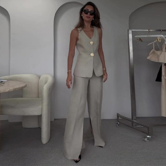 Damen Ärmelloses Tailoring-Set mit taillierter Weste, Zierknöpfen und weiter Palazzo-Hose Shop Nory