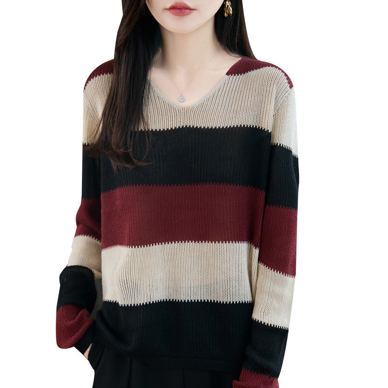 Damen Leichter V-Ausschnitt Feinstrickpullover mit breiten Blockstreifen und entspannter Passform Shop Nory