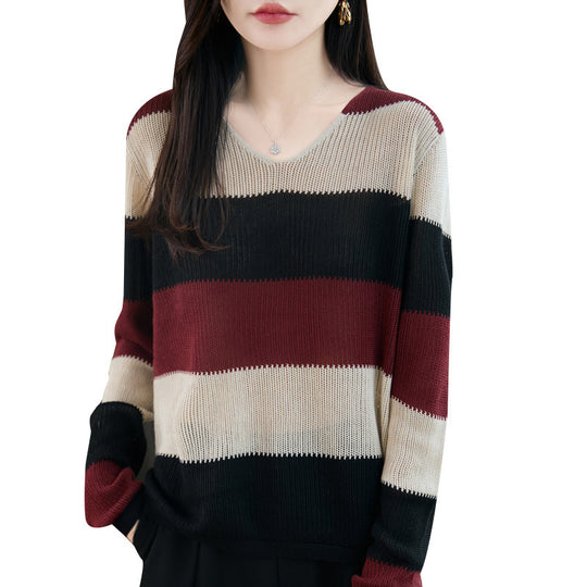 Damen Leichter V-Ausschnitt Feinstrickpullover mit breiten Blockstreifen und entspannter Passform Shop Nory
