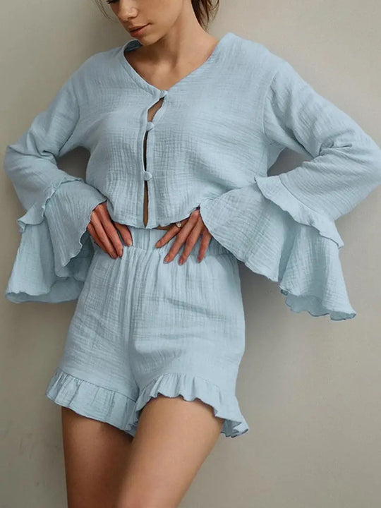 Damen Zweiteiliges Crinkle-Lounge-Set mit Volant-Shorts und gestuften Trompetenärmeln Shop Nory