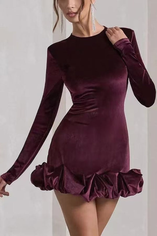 Damen Figurbetontes Cocktail-Minikleid aus Samt mit Volantkante und Langarm Shop Nory