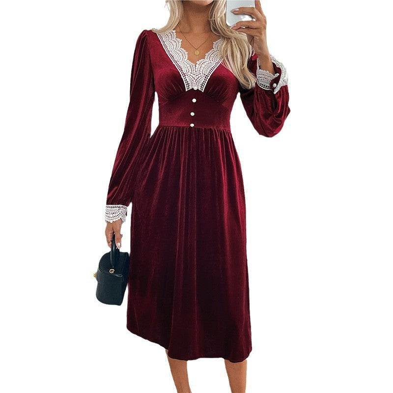 Damen Samt-Midikleid mit Spitzendekor, V Ausschnitt und taillierter Empire Silhouette Shop Nory