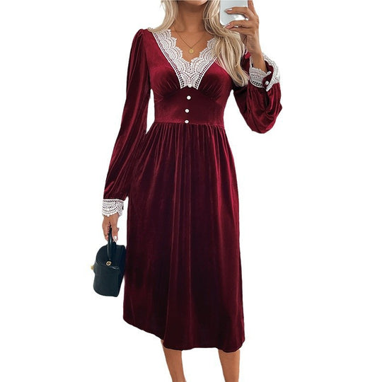 Damen Samt-Midikleid mit Spitzendekor, V Ausschnitt und taillierter Empire Silhouette Shop Nory