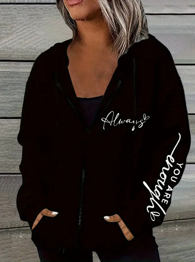 Damen nan oversized Kapuzenjacke mit Reißverschluss, handgeschriShopnoryener Typo-Applikation und Kontrast-Eingrifftaschen