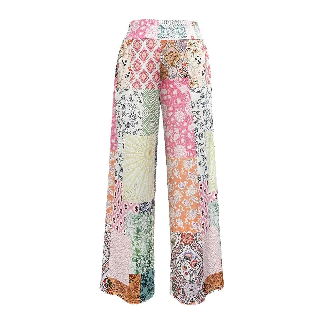 Damen Patchwork Palazzo-Hose mit weitem Bein und hohem Bund Shop Nory