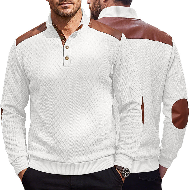 Herren Pullover mit Stehkragen, Zopfmuster und kontrastierenden Lederbesätzen Shop Nory