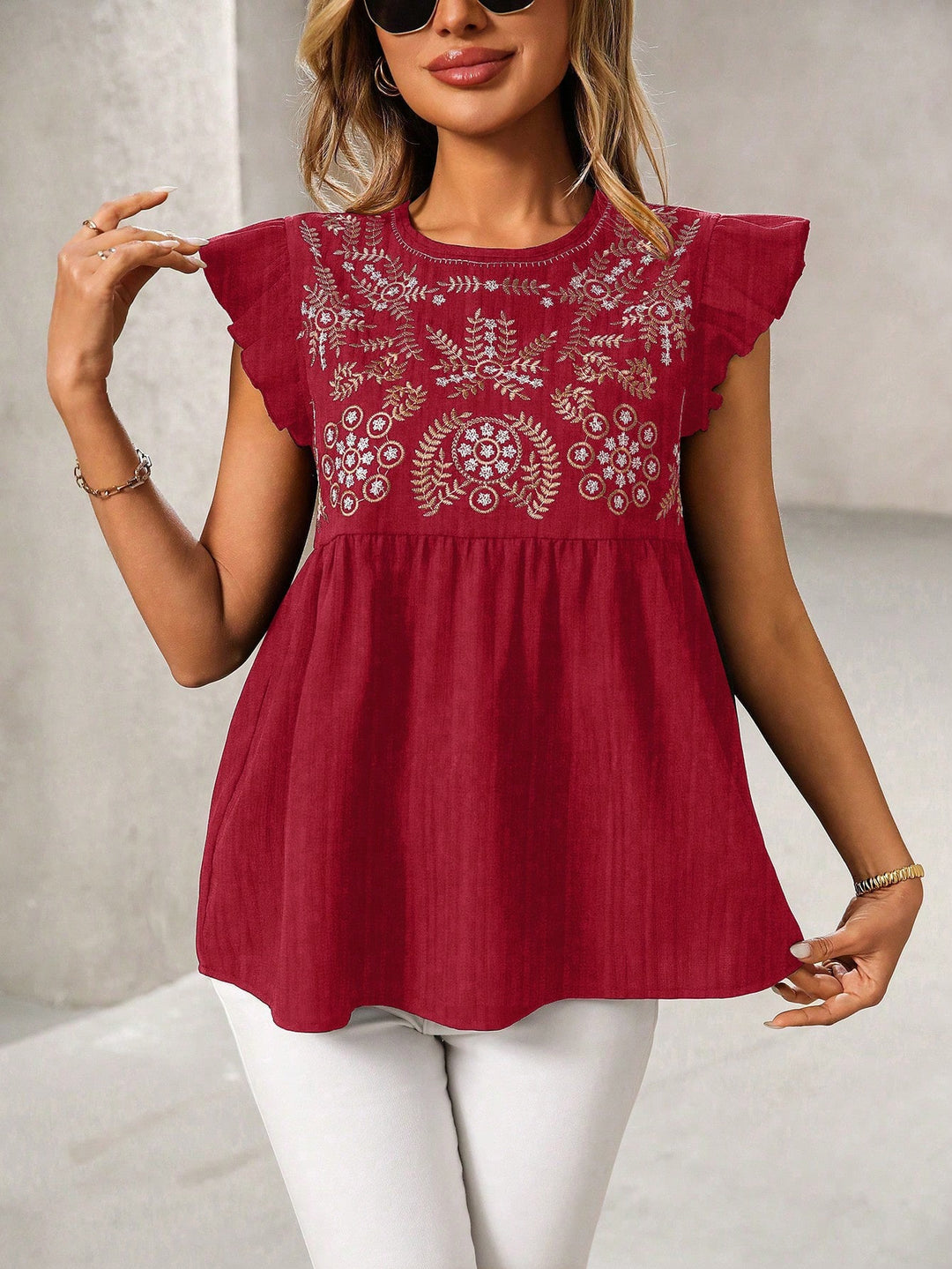 Damen Lockeres besticktes Babydoll-Top mit Rüschenärmeln Shop Nory