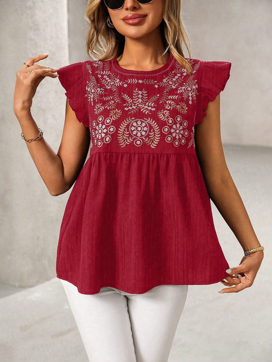 Damen Lockeres besticktes Babydoll-Top mit Rüschenärmeln Shop Nory