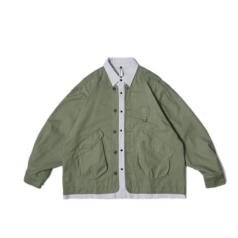 Unisex Oversize-Hemdjacke im Worker-Stil mit aufgesetzten Klappentaschen und kontrastierter Hemdblende Shop Nory