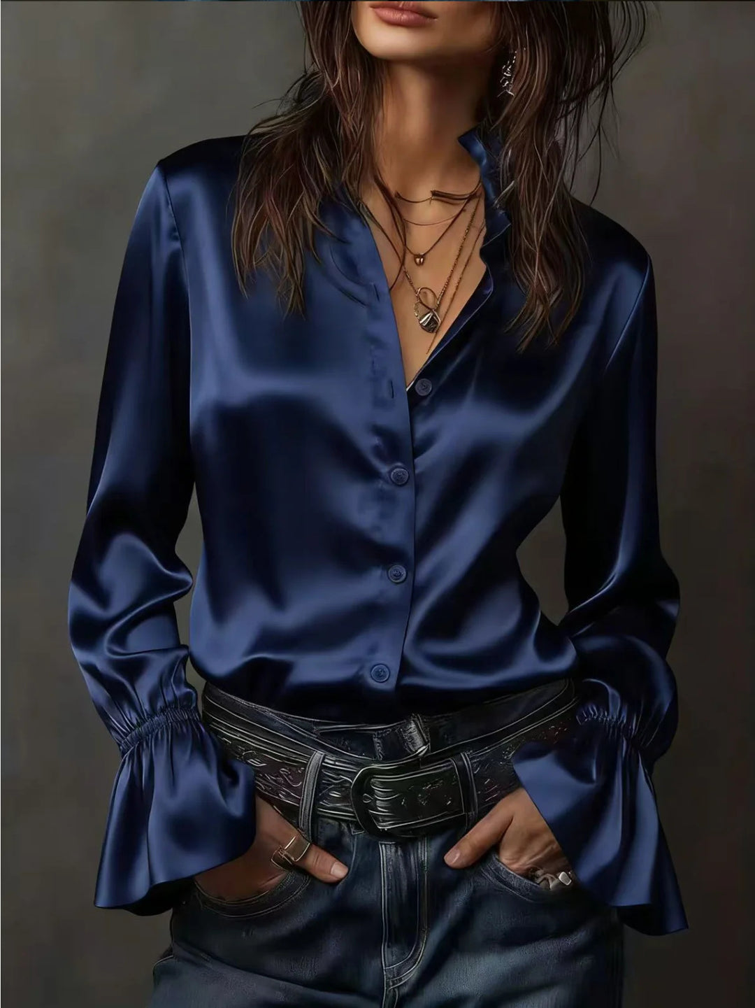 Damen Seidenglänzende Satinbluse mit Stehkragen, Knopfleiste und Volantärmel Shop Nory