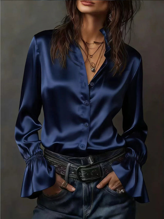Damen Seidenglänzende Satinbluse mit Stehkragen, Knopfleiste und Volantärmel Shop Nory