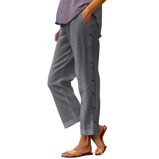 Damen Cropped Weitbeinige Knopf-Trim Leinen-Mischung Casual Hose Shop Nory