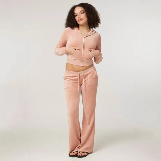 Damen Samtvelours Cropped-Zipjacke mit Kängurutasche und hochgeschnittener Bündchenhose Shop Nory