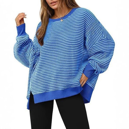 Damen Gestreifter Oversize-Sweater mit Rundhalsausschnitt und Seitenschlitzen Shop Nory