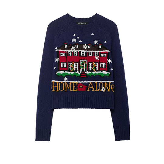 Damen Cropped-Weihnachtspullover mit Intarsia-Hausmotiv und Rundhalsausschnitt Shop Nory