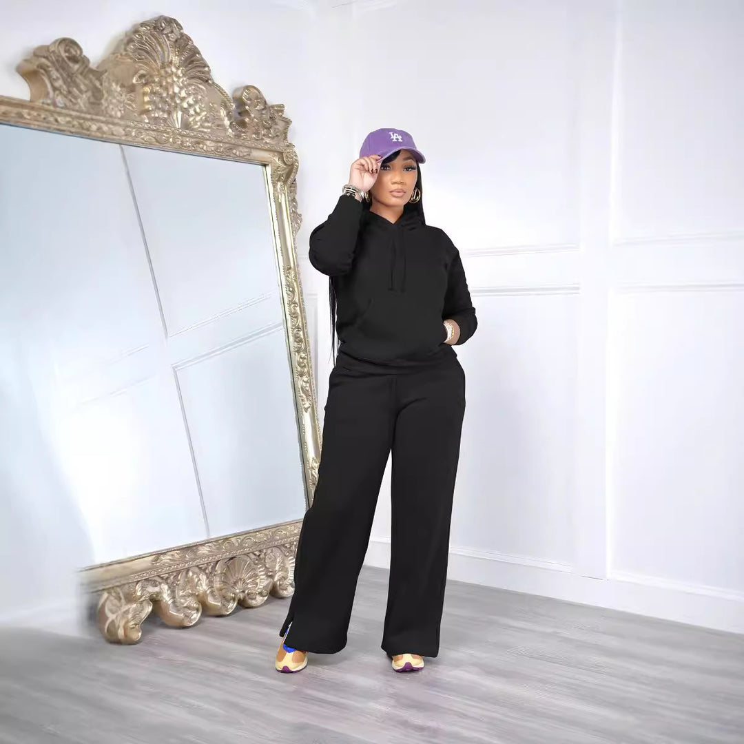 Damen nan Relax-Loungewear-Set mit weitem Highwaist-Palazzo-Jogger, Kapuzenpullover mit Kängurutasche und seitlichem Saumschlitz Shop Nory
