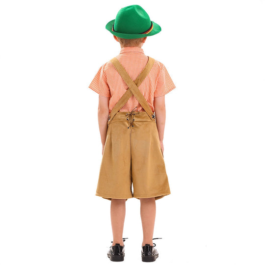 Herren nan traditionelle Kinderlederhose kurz mit aufwendiger Stickerei, Latztasche und verstellbaren Trägern Shop Nory