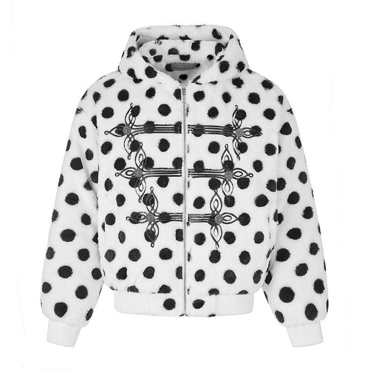 Damen Kapuzen-Fleecejacke im Bomberstil mit Polka‑Dot und dekorativen Froschknopf-Details Shop Nory