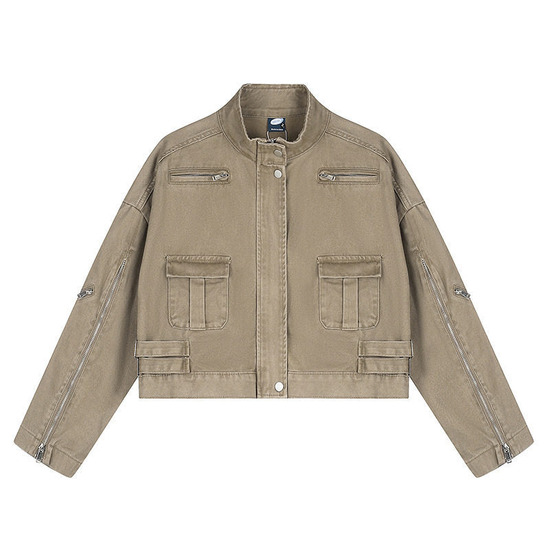 Damen Cropped Utility-Jacke mit Stehkragen, Mehrfachtaschen und Reißverschlussärmeln Shop Nory